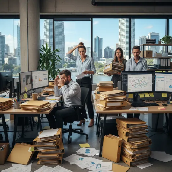Australian consultant and SME team reviewing streamlined workflow systems and SharePoint structures in a Brisbane office.
