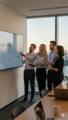 Australian business team reviewing a streamlined digital workflow dashboard in a Brisbane office.