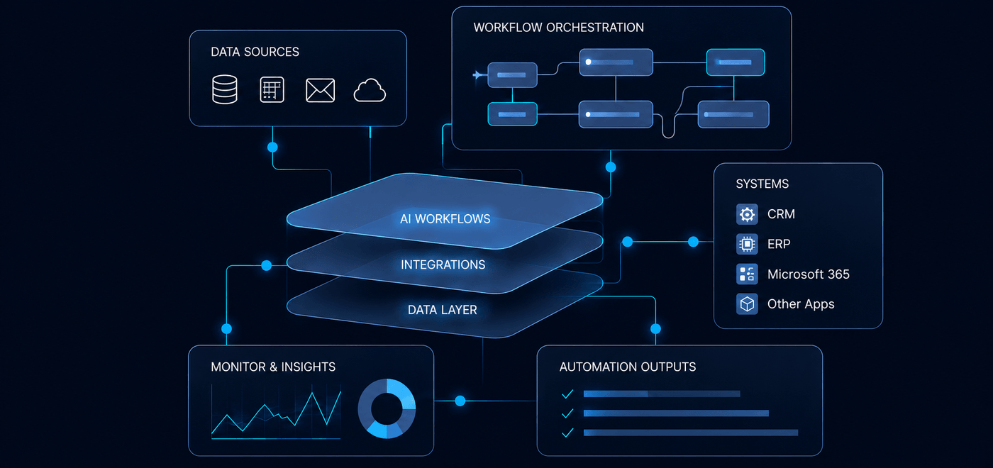 AI automation Australia workflow diagram showing data sources, workflow orchestration, integrations and a data layer connecting to CRM, ERP and Microsoft 365 systems