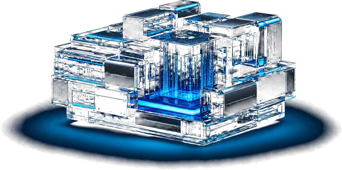 Custom AI platforms, a 3D render of modular software blocks assembled into one environment