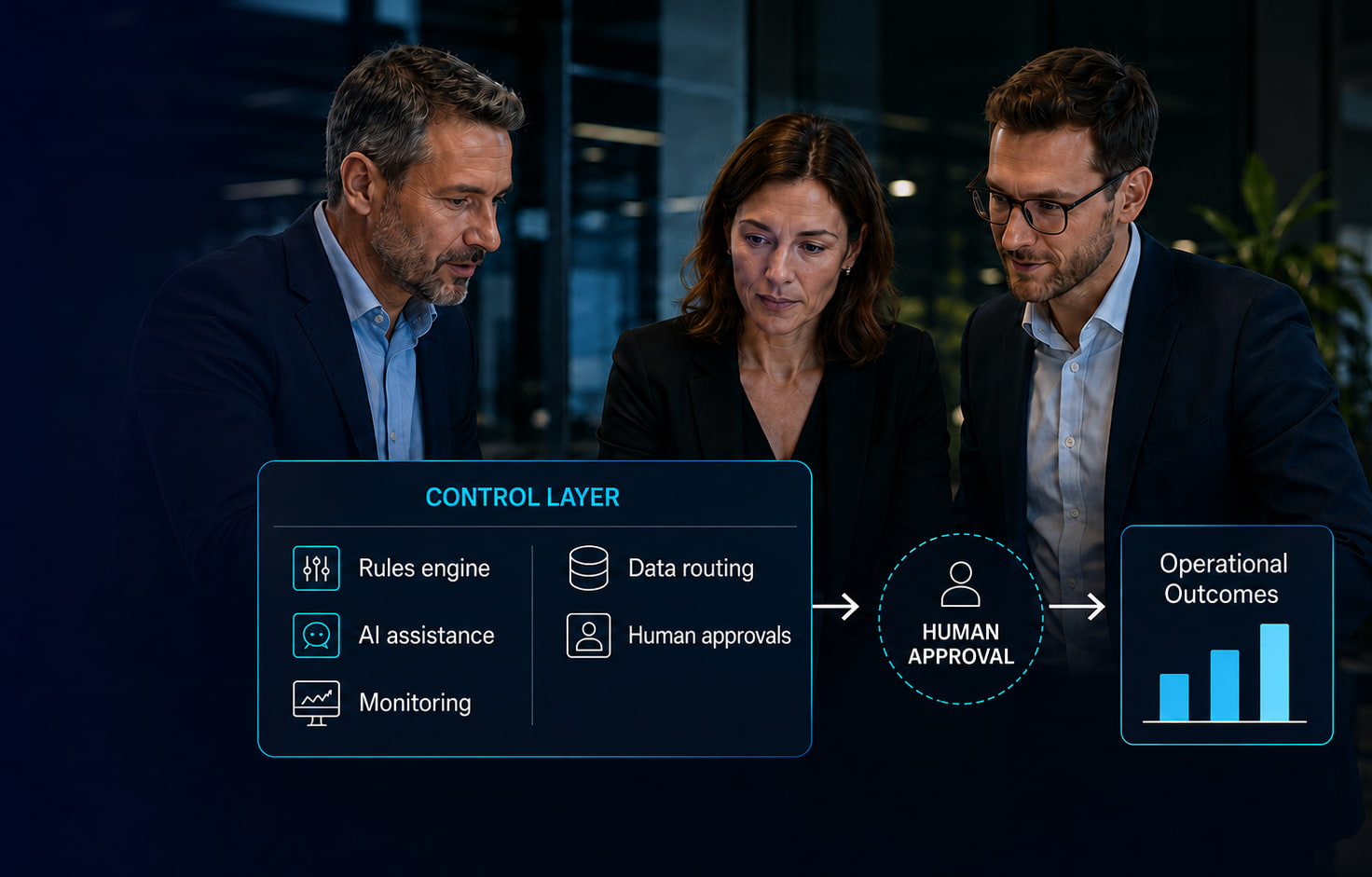 Three colleagues reviewing a Microsoft 365 AI integration control layer, with rules engine, AI assistance, monitoring, data routing and human approvals feeding a human approval gate before operational outcomes.