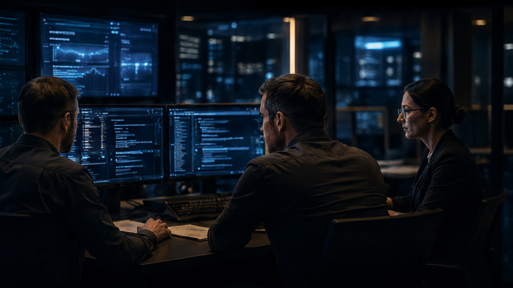 Operations team reviewing Microsoft 365 AI integration dashboards and system records across several monitors.