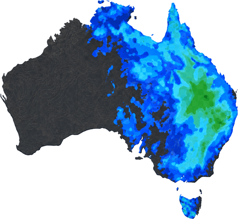 SkyDraft rainfall forecast map of Australia, with modelled totals heaviest across inland Queensland and northern New South Wales.